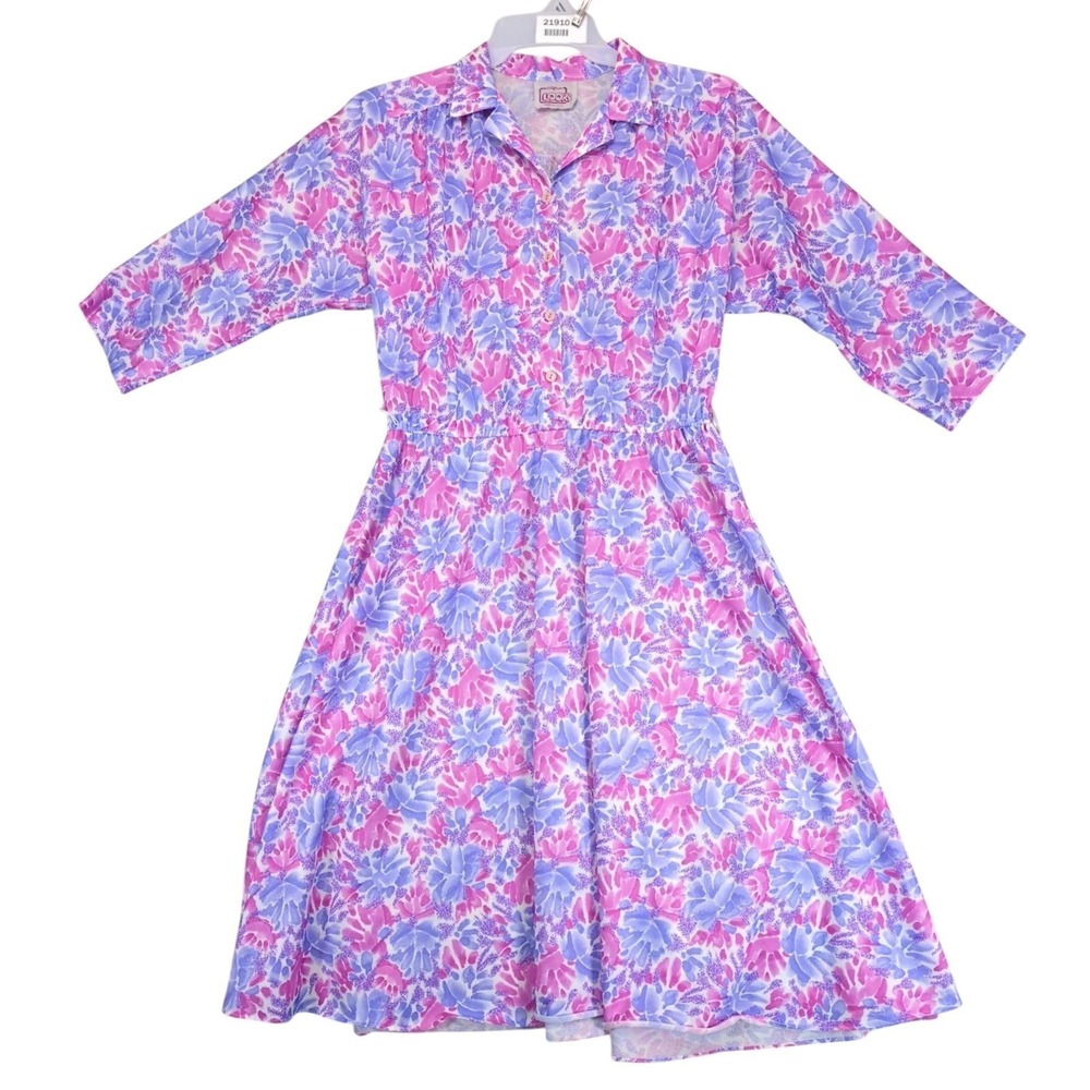Vintage 80s California Looks Purple Pink Floral Midi Dress Sz L Made USA Retro
